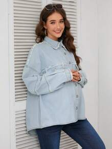 SHEIN Washed Denim Jacket With Frayed Edges, Casual Maternity Wear For Autumn