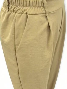 Calças casuais femininas de cor sólida e perna reta com bolsos - Camelo - Ver 4