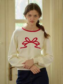 Simple Retro Áo len cổ tròn màu sắc Bowknot Clash dành cho nữ - Màu be - Xem 3