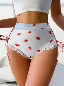 可爱草莓卡哇伊领带撞色女士内裤，红色和白色 - 紅白色 - 查看 4
