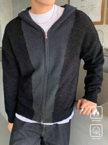 Claim Dot 男士撞色拉链连帽休闲开衫，秋季 - 黑色 - 查看 6