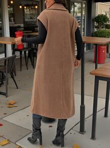 SHEIN LUNE Plus Size Women Solid Color Lapel Double Breasted Sleeveless Long Casual Jacket, Fall/Winter