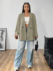 Flirla Plus Size Women Striped Lapel Collar Long Sleeve Double-Breasted Loose Casual Blazer Jacket, Autumn - Multicolor - View 6