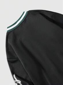 ROMWE MEN Prep Men's Solid Patchwork V-Neck Letter Print Casual Long Sleeve Sweatshirt, For Fall Winter