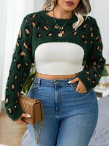 SHEIN Essnce Áo len dài tay cổ tròn cỡ lớn họa tiết da báo, kiểu dáng thường ngày, thích hợp mặc mùa đông hoặc thu. - Màu xanh lá cây đậm - Xem 5