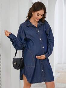 SHEIN Pregnant Women Solid Color Front Button Casual Versatile Long Sleeve Denim Dress - Dark Wash - View 3
