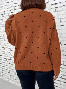 SHEIN LUNE Áo len dài tay cổ tròn cỡ lớn, họa tiết chấm bi, kiểu dáng thường ngày, thích hợp cho mùa đông và mùa thu. - Màu Cam cháy - Xem 2