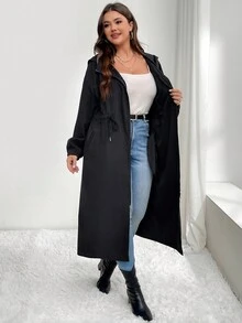 SHEIN LUNE 女士连帽长款开衫外套，收腰休闲外套，适合秋冬季 - 黑色 - 查看 5