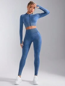 2pcs/Set Long Zip Up Fitted Athletic Outfit With High Waisted And Butt Lifting Design - Blue - View 5