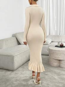 Chiquease Ruffle Trim Long Sleeve Knitted Dress, Slimming Effect, Autumn/Winter - Apricot - View 2