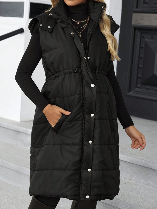 SHEIN Schwangerschafts-Herbst/Winter-Lässig-Warme Jacke mit Kordelzug-Taille, Reißverschluss und Kapuze, gepolstert