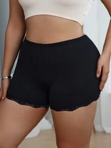 1pc Plus Size Solid Color Lace Trim Boyshort Panties - Black - View 4