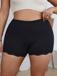 1pc Plus Size Solid Color Lace Trim Boyshort Panties - Black - View 5
