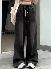 DAZY جينز نسائي بلون قاتم بجيب وسحاب للربط، تصميم...