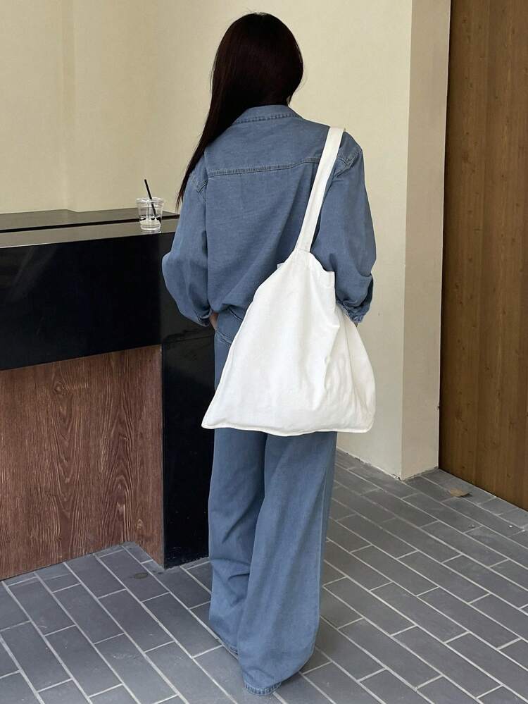 Solid Color Denim Loose Shirt & Wide Leg Pants 2pcs Set For Women,Back To School Clothes