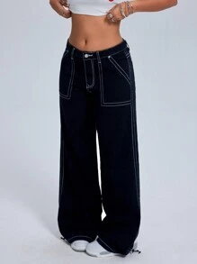 SHEIN Unity Quần Jeans Denim Đơn Giản Túi Nút Phía Trước Thường Ngày Cho Nữ, Mặc Hàng Ngày, Quần Jeans Rộng Cạp Thấp - màu đen - Xem 5