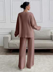 EURMUSE Women V-Neck OverSize Sweater And Knit Pant Set - Dusty Pink - View 7