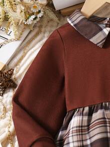 SHEIN Young Girl Vintage Letter Print Long Sleeve Splice Ruffle Collared Top + Vintage Plaid Splice A-Line Dress 2pcs Set - Brown - View 5