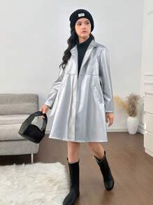 SHEIN Tween Girls' Casual Loose Minimalist Fashion Raglan Waist PU Leather Trench Coat