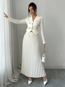 Chiquease Elegant Solid Color Pleated Pencil Skirt And Formal Blazer Suit Set For Women - Apricot - View 5