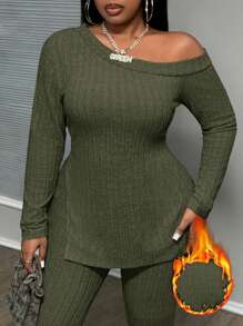 Slaydiva Plus Size Women Ribbed Fabric Asymmetrical Neck Long Sleeve Top And Pants Set, Warm For Autumn/Winter