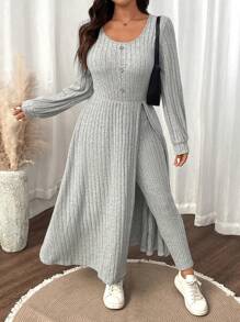 SHEIN LUNE 大码女式纯色针织罗纹简约毛衣和紧身裤两件套秋冬装 - 淺灰色 - 查看 5