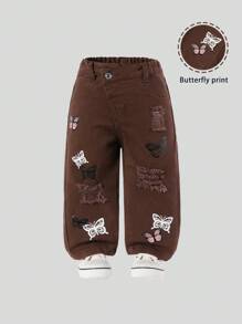 SHEIN Baby Girl Asymmetric Elastic Waist Fitted Butterfly Print Light Wash Straight Leg Denim Jeans - Coffee Brown - View 3
