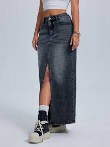 SHEIN ICON 女士前扣口袋简约开衩下摆休闲牛仔半身裙