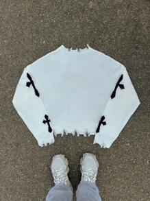 AXEPEAK Men's Y2k Cross Graphic Frayed Hem Loose Cropped Pullover Long Sleeve Fall Sweater, Autumn/Winter