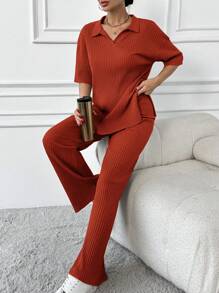 EURMUSE Cotton Two Pieces Set Polo Neck Top And Pant Set Rib Knit Fabric - Burnt Orange - View 3