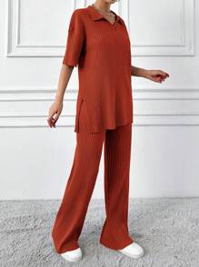 EURMUSE Cotton Two Pieces Set Polo Neck Top And Pant Set Rib Knit Fabric - Burnt Orange - View 4