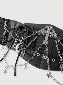 ROMWE 1 chiếc dây ren nữ đính ngôi sao mặt trăng trang trí thắt lưng phong cách Gothic cho váy, trang phục hàng ngày đa năng - màu đen - Xem 2