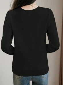 EMERY ROSE Women Casual Solid Color V-Neck Sweater, Autumn/Winter, Long Sleeve Top Knit Pullover Fall - Black - View 2