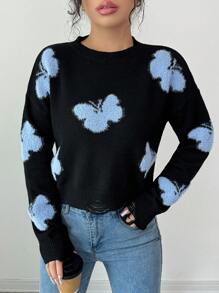 Chiquease Women Fashion Butterfly Pattern Crew Neck Sweater Knit Pullover Fall Winter - Black - View 4