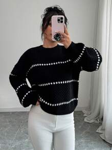 Selianne Loose Striped Print Crew Neck Casual Long Sleeve Women Sweater Knit Pullover Fall Winter Outfit - Black and White - View 5