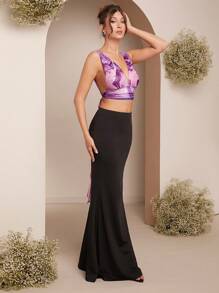 L'Amorae Winter Women Clothes, Women Elegant Purple Floral Print V-Neck Cropped Fitted Fashion Tank Top With Tie-Up Back. For Date Night, Concerts, Performances, Wedding, Parties, Clubs - Multicolor - View 7