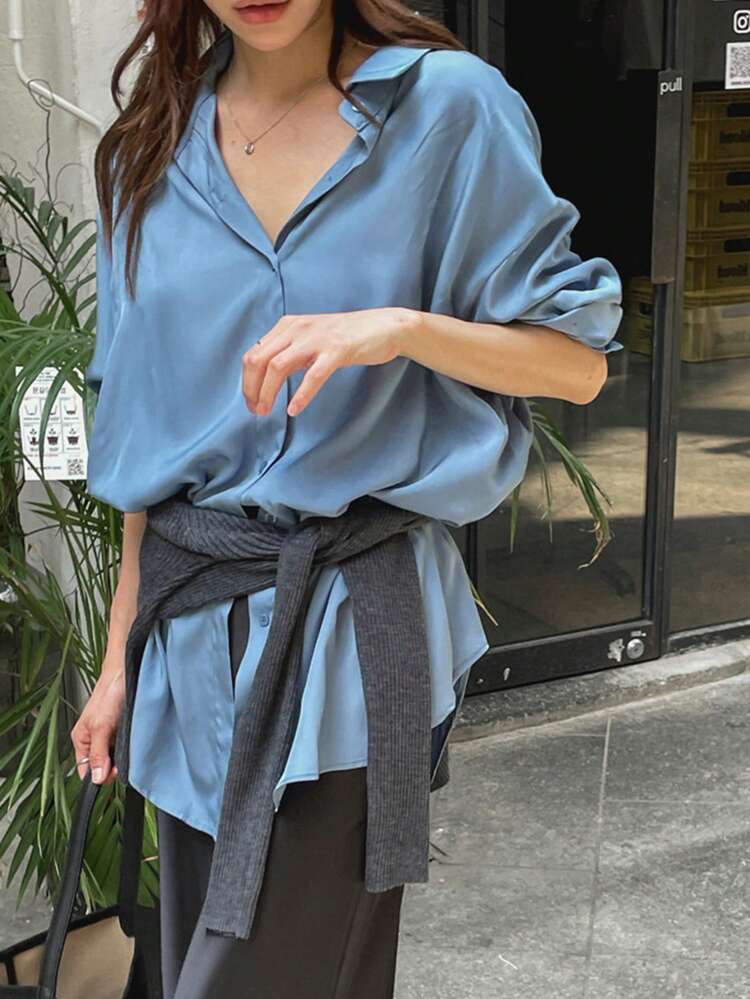 1pc Women Loose Solid Color Turndown Collar Long Sleeve Blouse,Fall Clothes