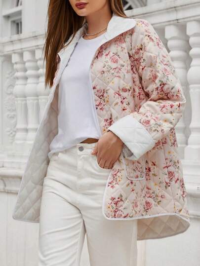 GENKIRA Women's Oversize Padded Insulated Polyfill Synthetic Insulation Winter Coat Lightweight Floral Print Long Sleeve Padded Quilted Puffy Coat Western Retro Fall For Women