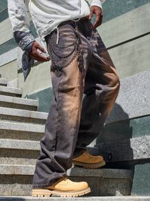 Manfinity Hypemode Plus Size Men's Fashion Distressed Straight Leg Jeans, Plain Long Distressed Baggy Dark Wash Jeans Cargo Jeans, For Husband, Boyfriend Gifts - Light Wash - View 7