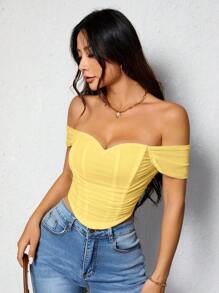 SHEIN PETITE 1 chiếc áo cánh trễ vai màu trơn ôm vừa vặn cho nữ - Màu vàng - Xem 7