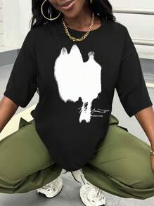 INAWLY Maglietta casual estiva da donna con stampa di lettere collo tondo e spalle cadenti - nero - Visualizzare 3
