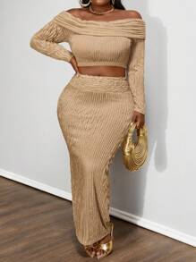 Maweii Conjunto de 2 piezas de blusa de manga larga con hombros descubiertos y falda en unicolor talla grande, elegante