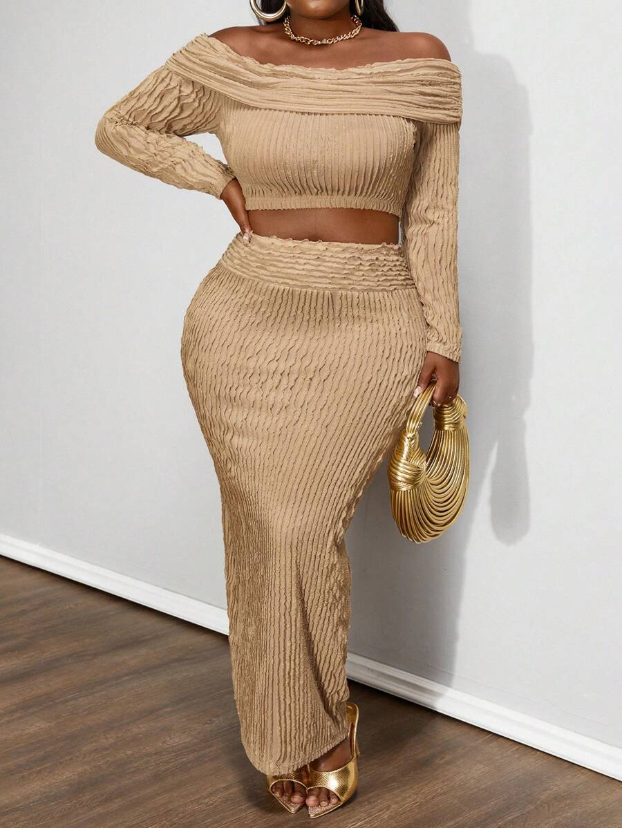 Maweii Conjunto de 2 piezas de blusa de manga larga con hombros descubiertos y falda en unicolor talla grande, elegante