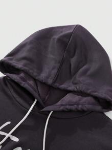 Manfinity EMRG 2pcs Men's Dark Purple Autumn Streetwear Tracksuit,Printed Hooded Sweatshirt And Drawstring Flared Pants Outfit Set,Work Casual Halloween Clothes - Violet Purple - View 7