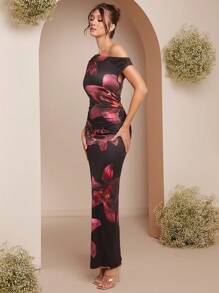L'Amorae Váy bodycon nhún bèo một bên vai bất đối xứng có xẻ sau lưng - Nhiều màu - Xem 3
