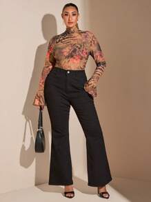 SHEIN BAE 大码女式豹纹花卉网眼印花优雅性感高领荷叶边袖透明紧身衣连体衣长袖大码大码派对休闲紧身衣 - 彩色 - 查看 4