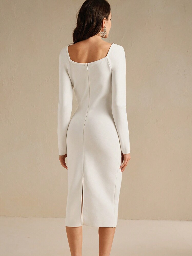 Anewsta Rhinestone Square Neck Form-Fitting Mid-Length Dress, White Maxi Women Outfit - White - View 6