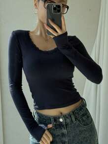 DAZY 女士纯色蕾丝拼接长袖简约衬衫，适合日常休闲穿着，秋季服装 - 藏蓝色 - 查看 4