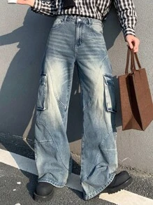 Manfinity EMRG Men's Light Blue Washed Denim Cargo Pants, Loose Fit Wide Leg Blue Distressed Baggy Cargo Jeans, For Husband, Boyfriend Gifts - Light Wash - View 3