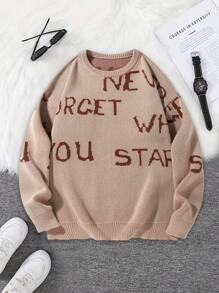 Manfinity Hypemode Men's Letter Print Crew Neck Casual Versatile Long Sleeve Pullover Sweater - Khaki - View 1